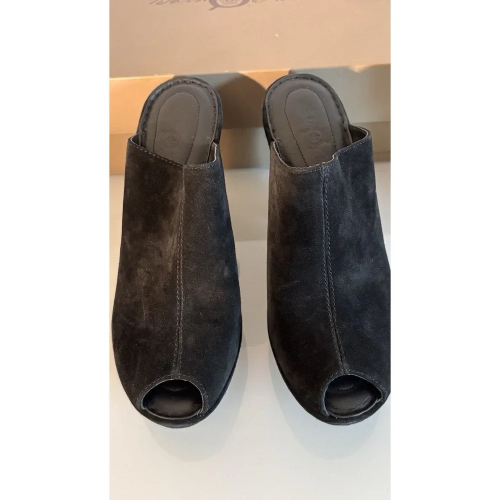 Born Crown Vair Black Leather Wedge Mules Peep Toe Size‎ 8 EU 39 NIB